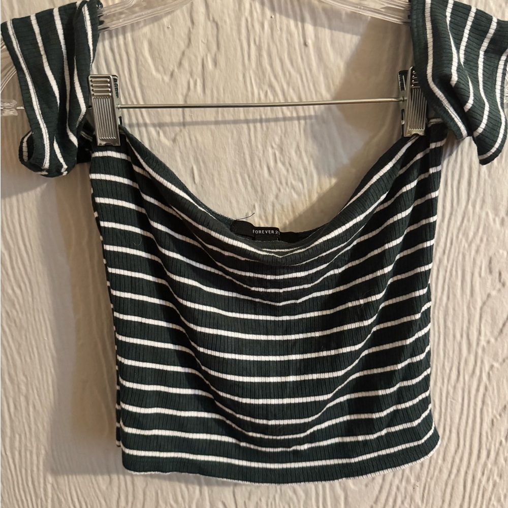 Forever 21 Dark Green and White Striped Off-Shoulder Ribbed Crop Top